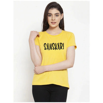 Generic Women's Cotton Blend Sanskari Printed T-Shirt (Yellow)