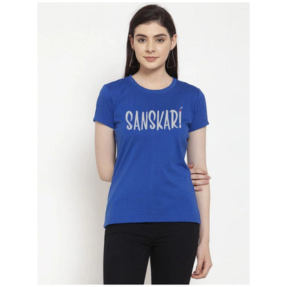 Generic Women's Cotton Blend Sanskari Printed T-Shirt (Blue)