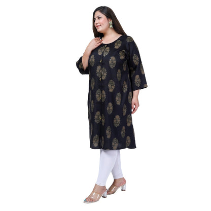 Generic Women's Office wear Golden Foil Capsule A-Line Kurti (Black)