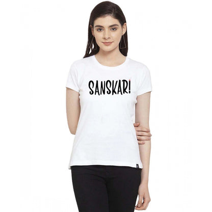 Generic Women's Cotton Blend Sanskari Printed T-Shirt (White)