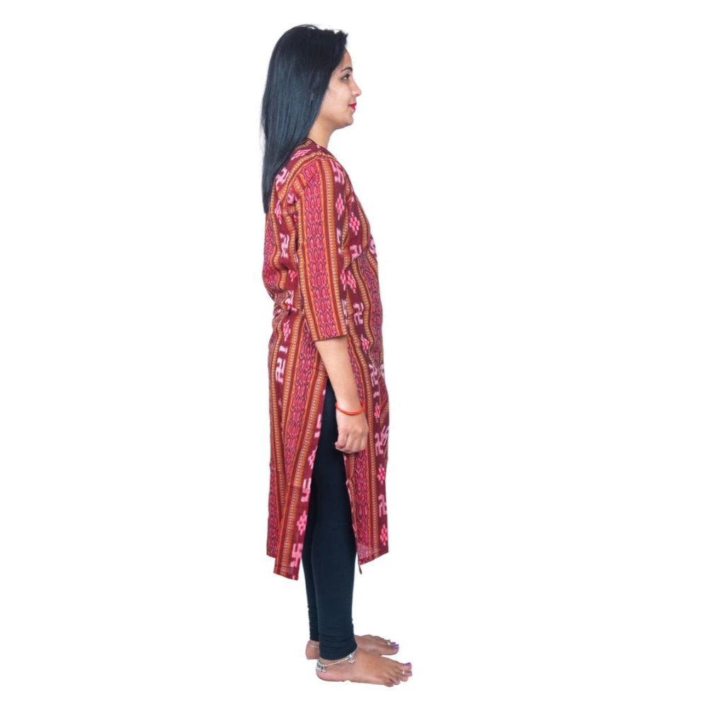 Generic Women's Sambalpuri Certified Handloom Pure Cotton Straight Kurti (Maroon)