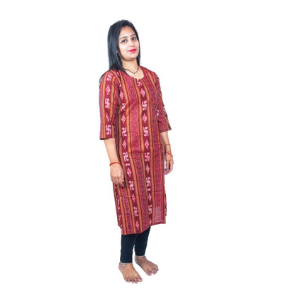 Generic Women's Sambalpuri Certified Handloom Pure Cotton Straight Kurti (Maroon)