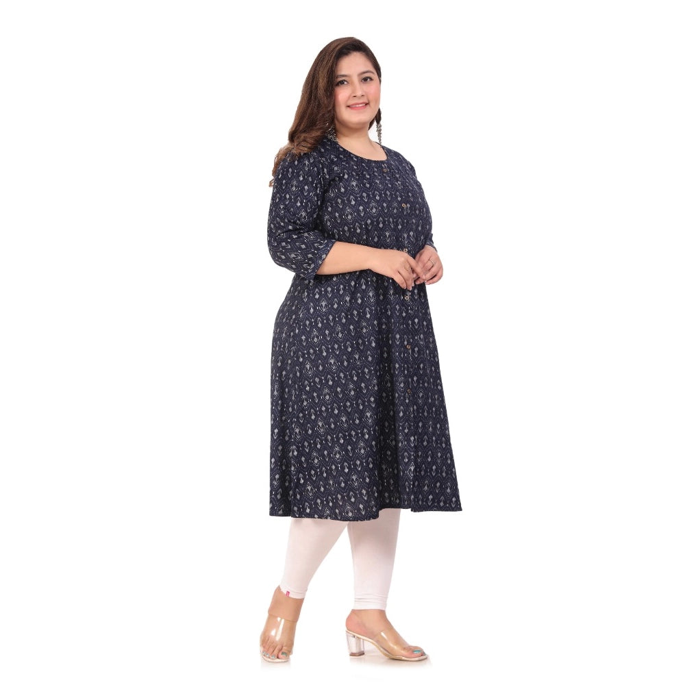 Generic Women's Office wear Floral Printed Capsule A-Line Kurti (Navy Blue)