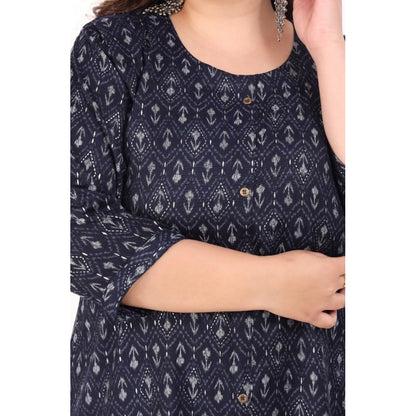 Generic Women's Office wear Floral Printed Capsule A-Line Kurti (Navy Blue)