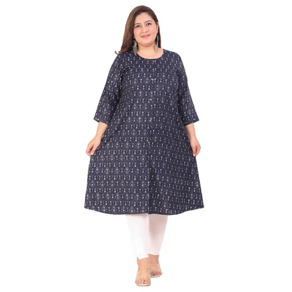 Generic Women's Office wear Floral Printed Capsule A-Line Kurti (Navy Blue)