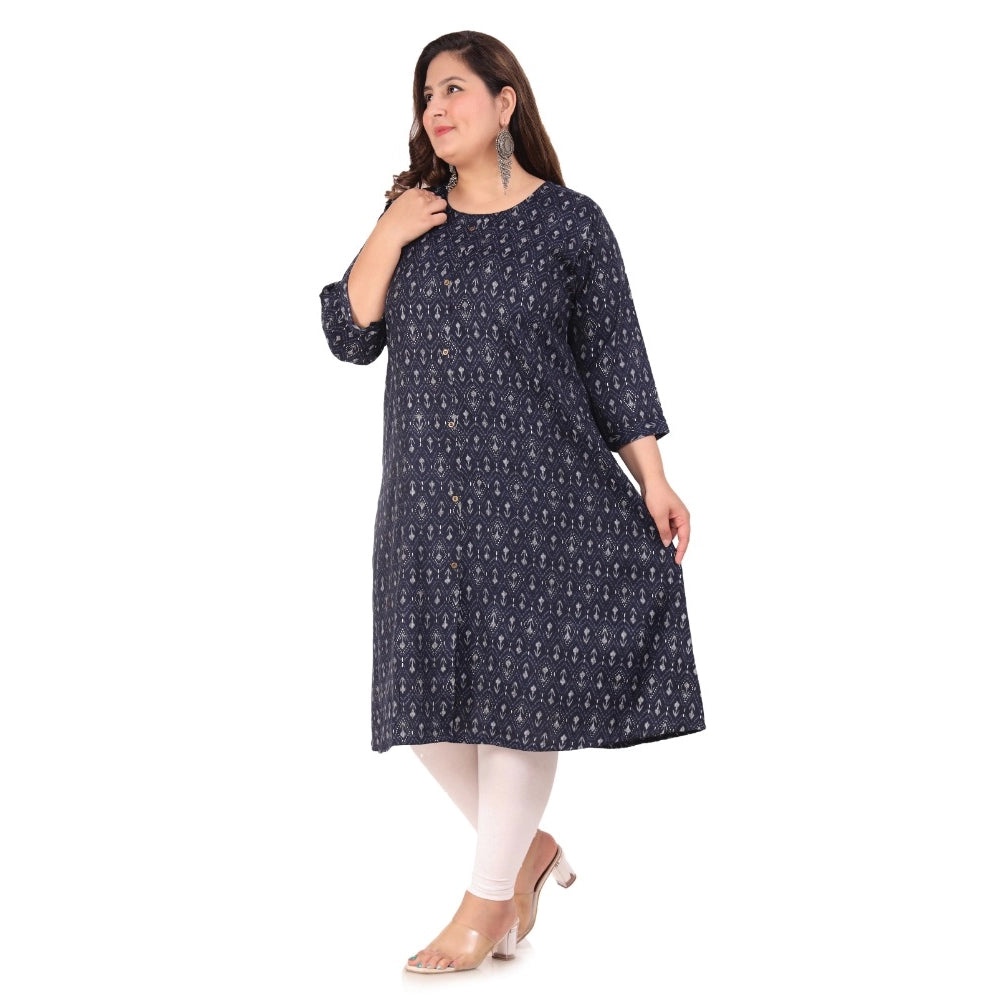 Generic Women's Office wear Floral Printed Capsule A-Line Kurti (Navy Blue)