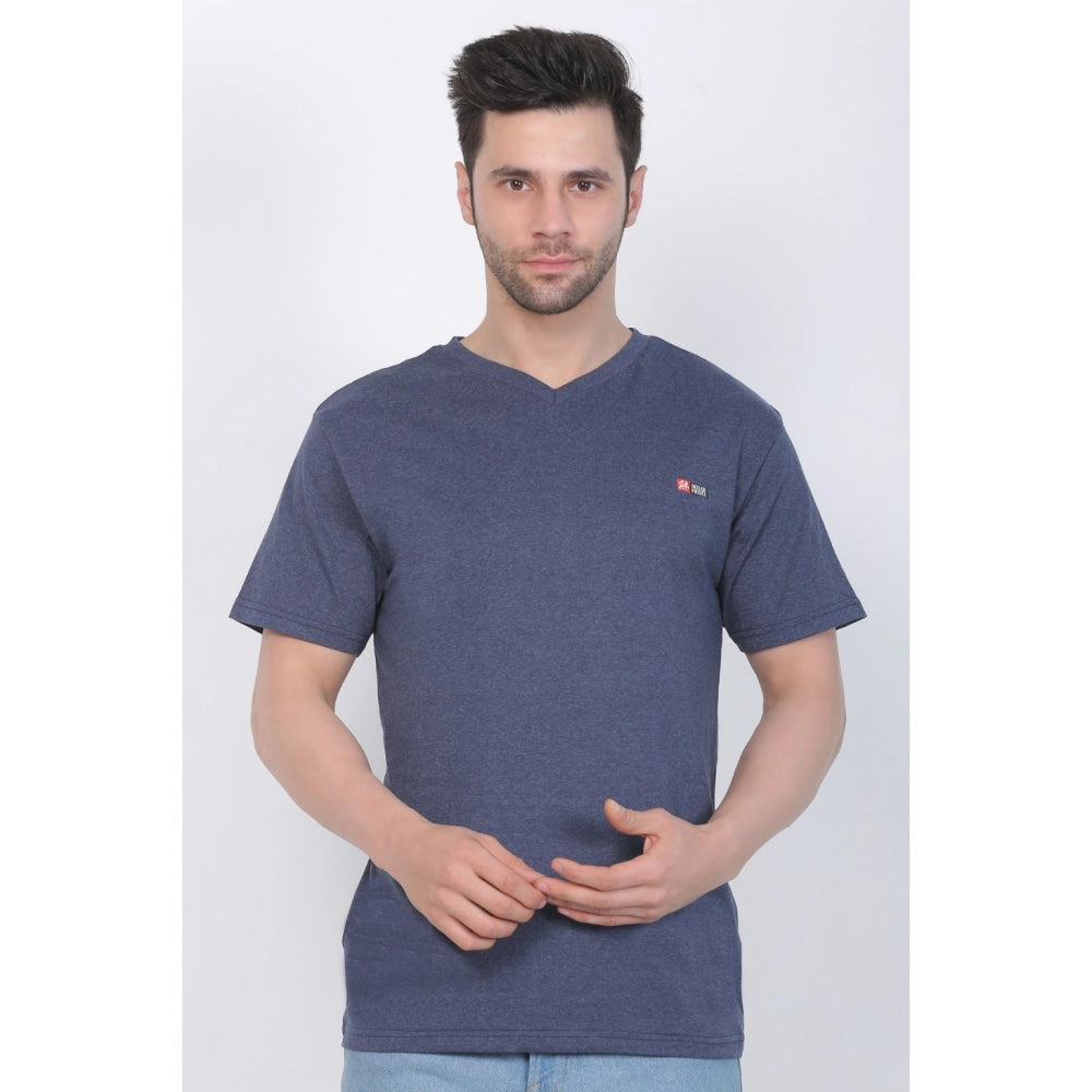 Generic Men's Cotton Jersey V Neck Plain Tshirt (Blue Melange)