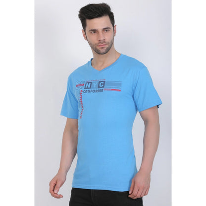 Generic Men's Cotton Jersey V Neck Printed Tshirt (Turquoise Blue)