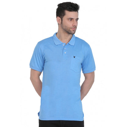 Generic Men's Poly Viscose Polo Plain Tshirt (Blue Melange)