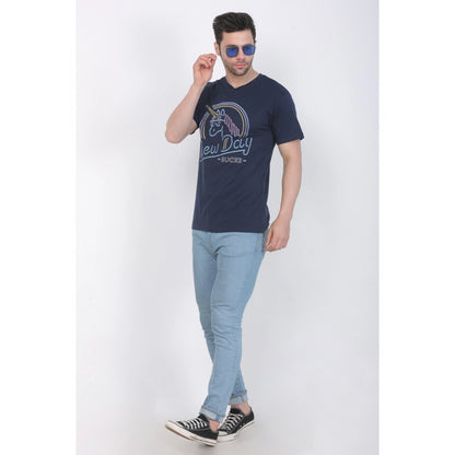 Generic Men's Cotton Jersey V Neck Printed Tshirt (Navy)