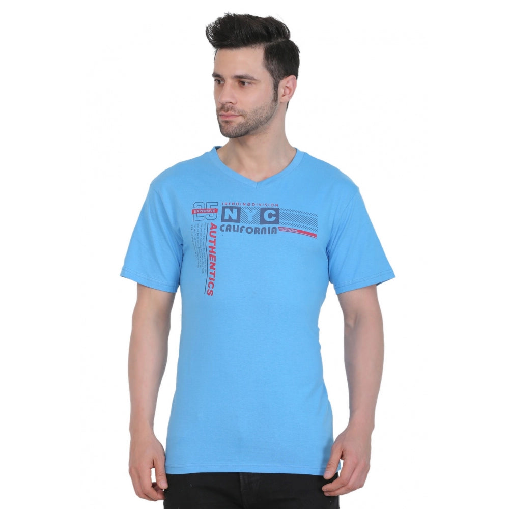 Generic Men's Cotton Jersey V Neck Printed Tshirt (Turquoise Blue)