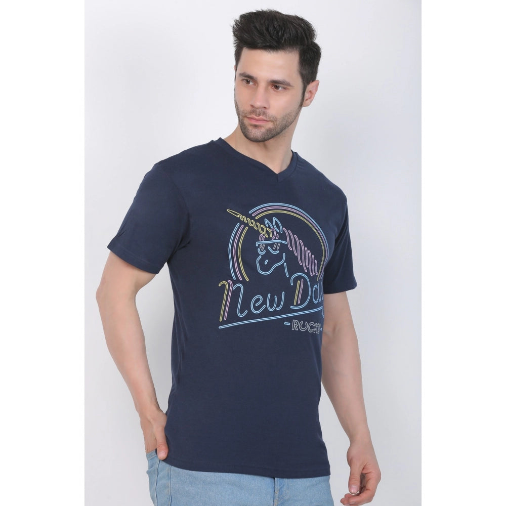 Generic Men's Cotton Jersey V Neck Printed Tshirt (Navy)