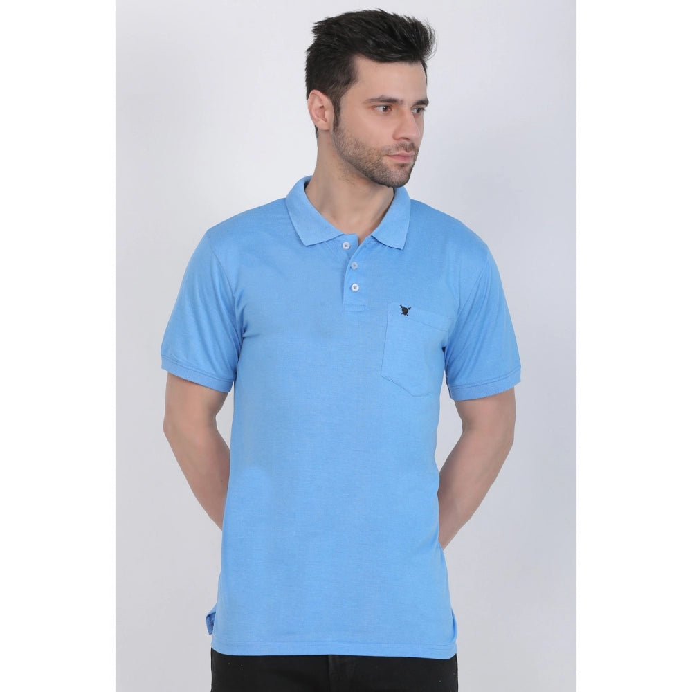 Generic Men's Poly Viscose Polo Plain Tshirt (Blue Melange)