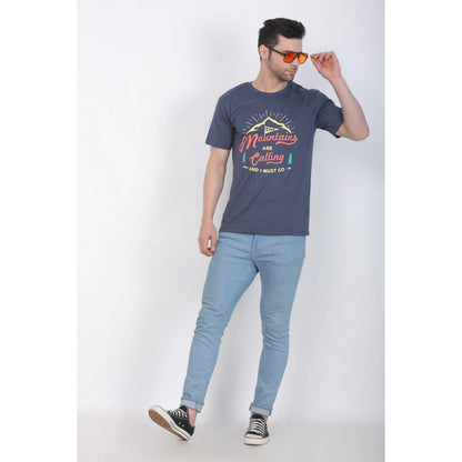 Generic Men's Cotton Jersey Round Neck Printed Tshirt (Blue Melange)