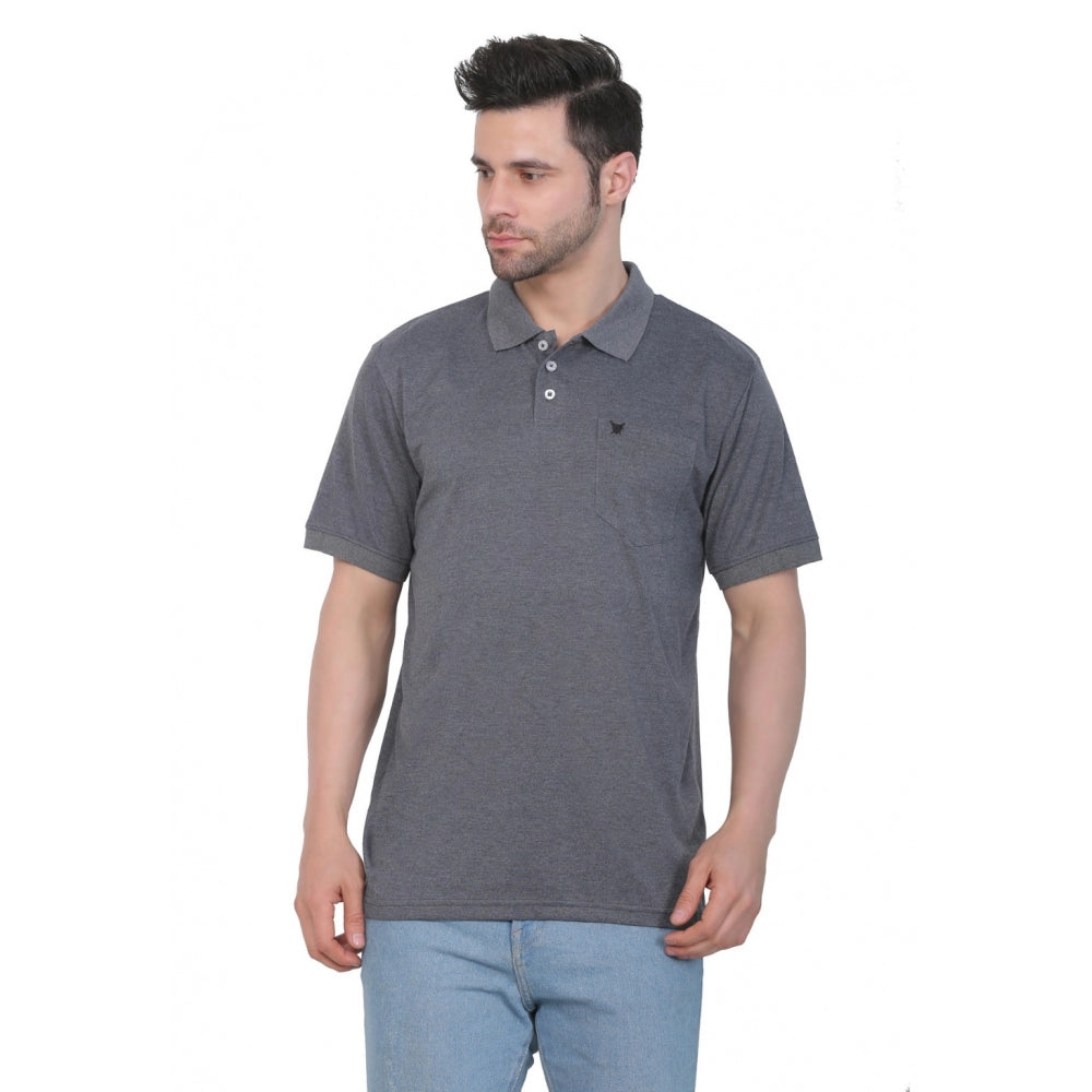 Generic Men's Poly Viscose Polo Plain Tshirt (Charcoal Melange)