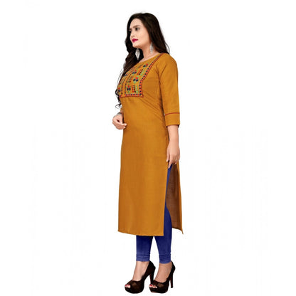 Generic Women's Cotton Embroidery Straight Kurti (Mustard Yellow)