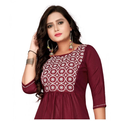 Generic Women's Cotton Embroidery Straight Kurti (Maroon)