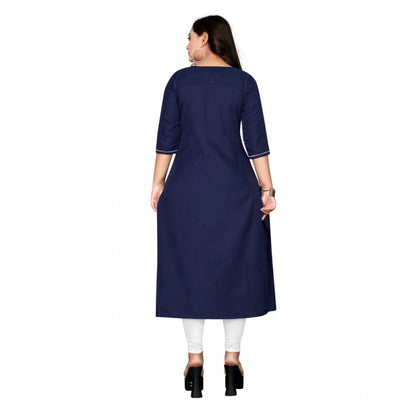 Generic Women's Cotton Embroidery Straight Kurti (Navy Blue)