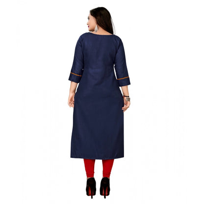 Generic Women's Cotton Embroidery Straight Kurti (Navy Blue)