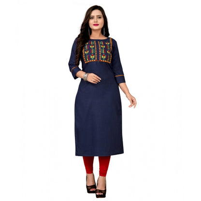 Generic Women's Cotton Embroidery Straight Kurti (Navy Blue)