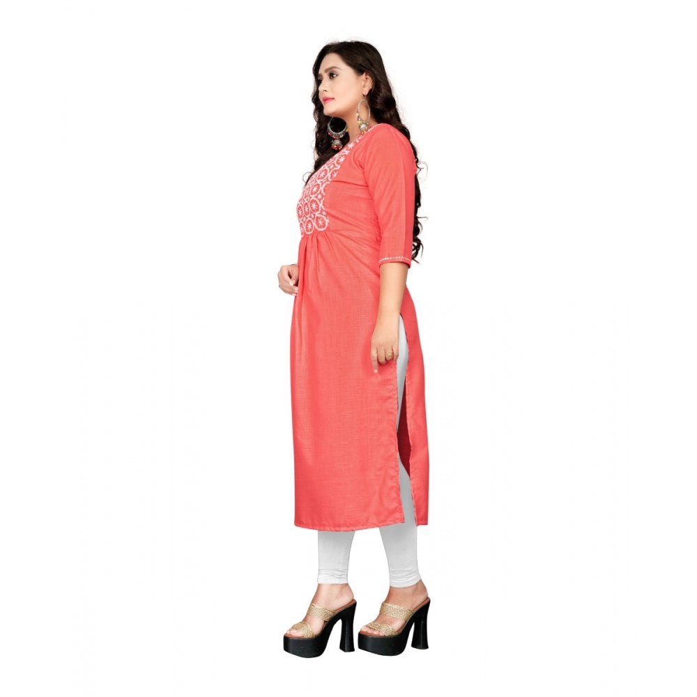 Generic Women's Cotton Embroidery Straight Kurti (Peach)