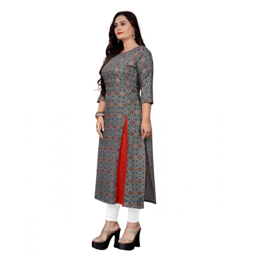 Generic Women's Cotton Print with Foil Frontslit Kurti (Grey)