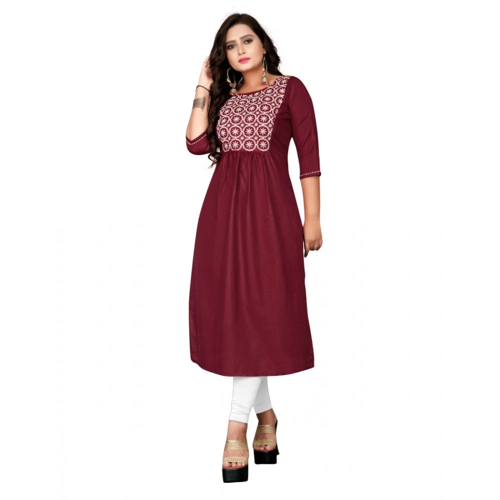 Generic Women's Cotton Embroidery Straight Kurti (Maroon)