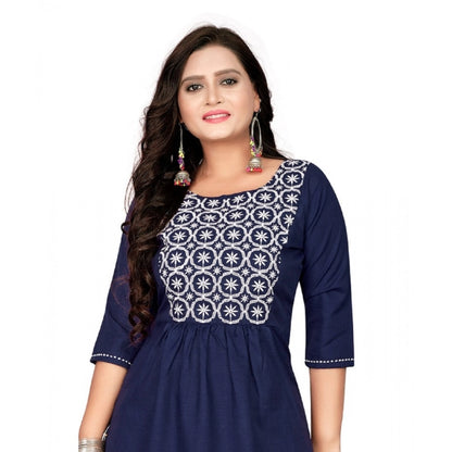 Generic Women's Cotton Embroidery Straight Kurti (Navy Blue)