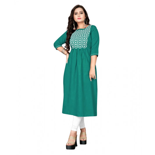 Generic Women's Cotton Embroidery Straight Kurti (Turquoise Green)