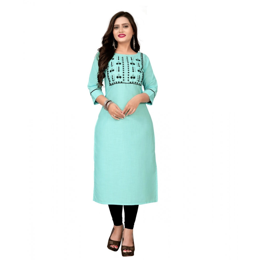 Generic Women's Cotton Embroidery Straight Kurti (Light Blue)