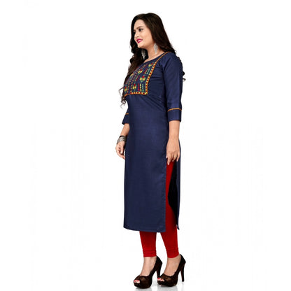 Generic Women's Cotton Embroidery Straight Kurti (Navy Blue)