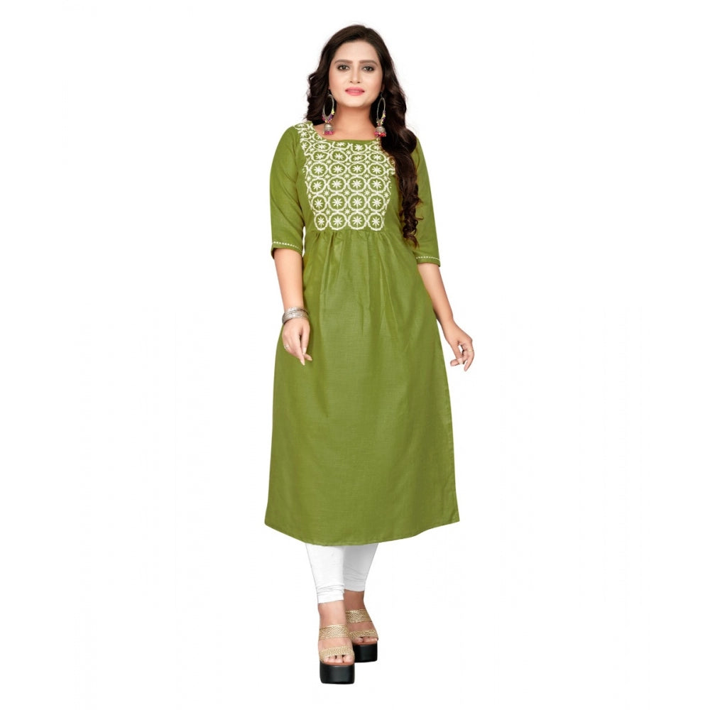 Generic Women's Cotton Embroidery Straight Kurti (Light Green)