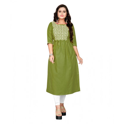 Generic Women's Cotton Embroidery Straight Kurti (Light Green)