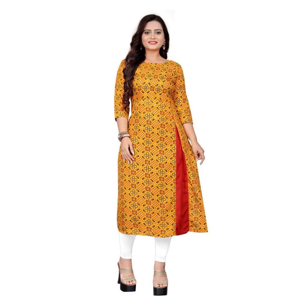 Generic Women's Cotton Print with Foil Frontslit Kurti (Mustard Yellow)