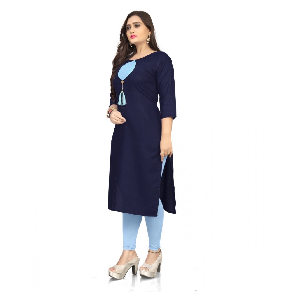 Generic Women's Cotton Solid A-Line Kurti (Navy Blue)