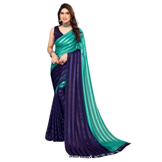 Generic Women's Embellished Striped Bollywood Satin Saree With Blouse (Sea Green, Royal Blue)