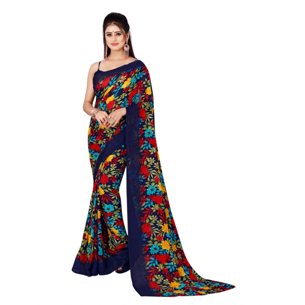 Generic Women's Poly Georgette Printed Saree Without Blouse (Blue)