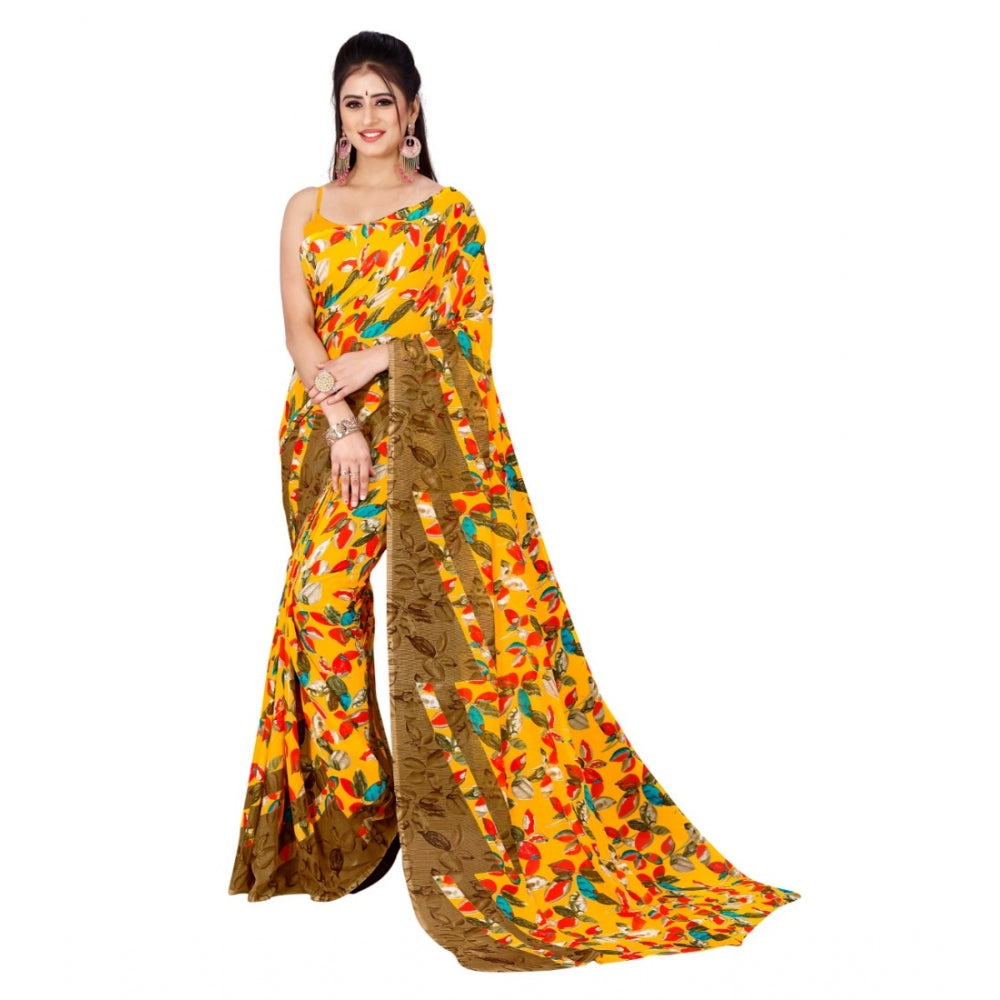 Generic Women's Poly Georgette Printed Saree Without Blouse (Yellow)