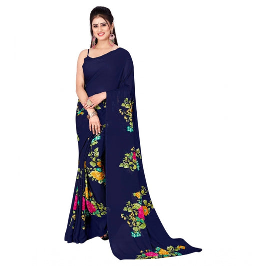 Generic Women's Poly Georgette Printed Saree Without Blouse (Dark Blue)