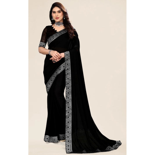 Generic Women's Embellished Plain Solid Bollywood Chiffon Saree With Blouse (Black)