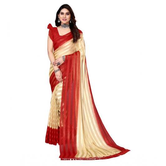 Generic Women's Embellished Striped Bollywood Satin Saree With Blouse (Beige, Red)