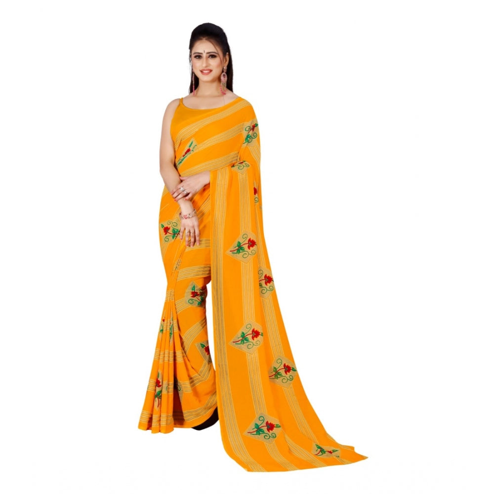 Generic Women's Poly Georgette Printed Saree Without Blouse (Yellow)