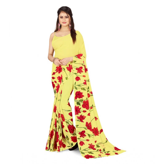 Generic Women's Poly Georgette Printed Saree Without Blouse (Light Yellow)