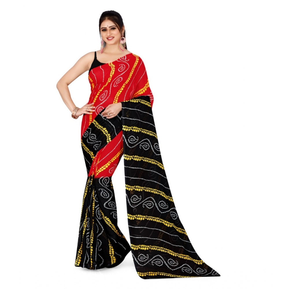 Generic Women's Poly Georgette Printed Saree Without Blouse (Red, Black)