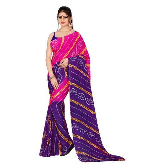 Generic Women's Poly Georgette Printed Saree Without Blouse (Pink, Purple)