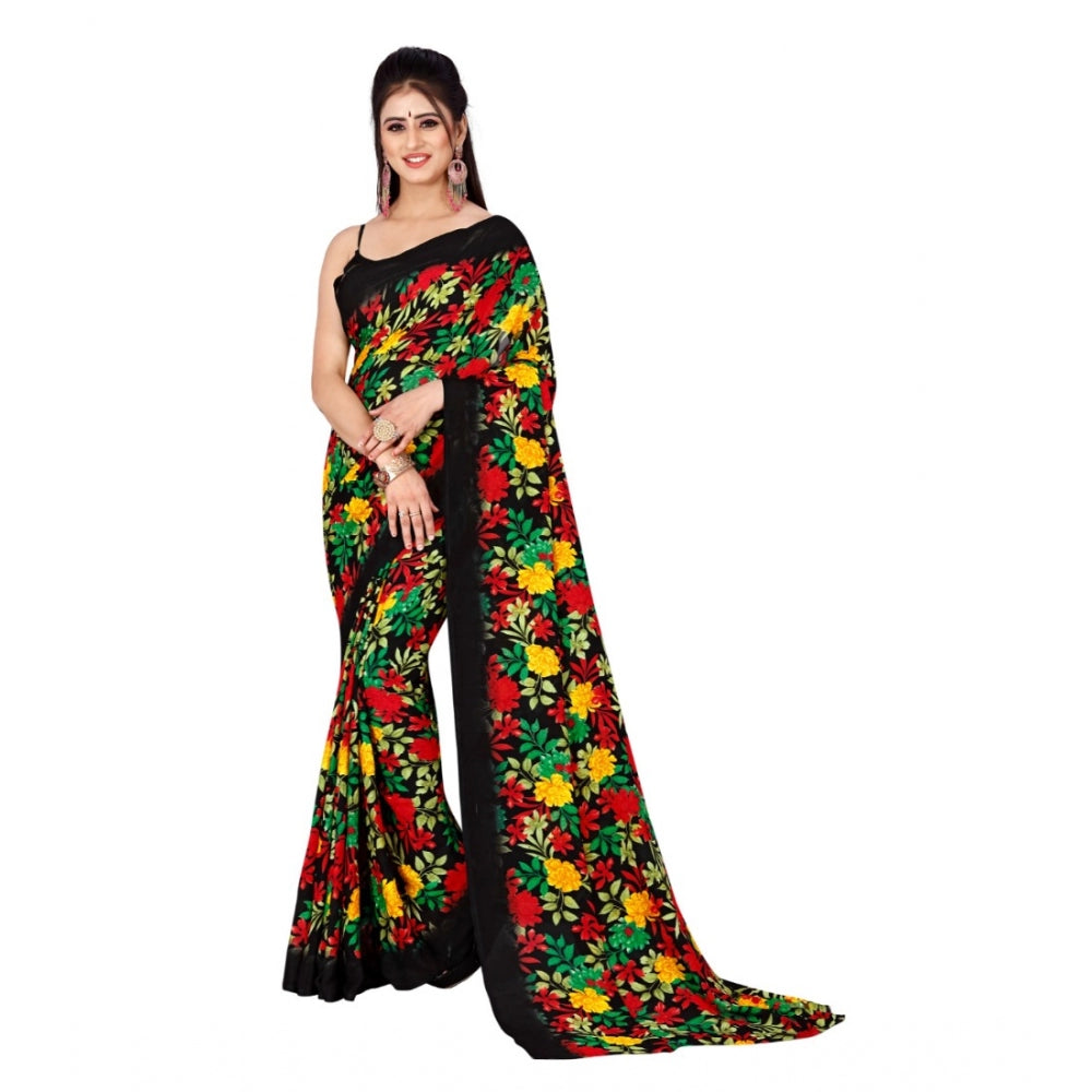 Generic Women's Poly Georgette Printed Saree Without Blouse (Black)