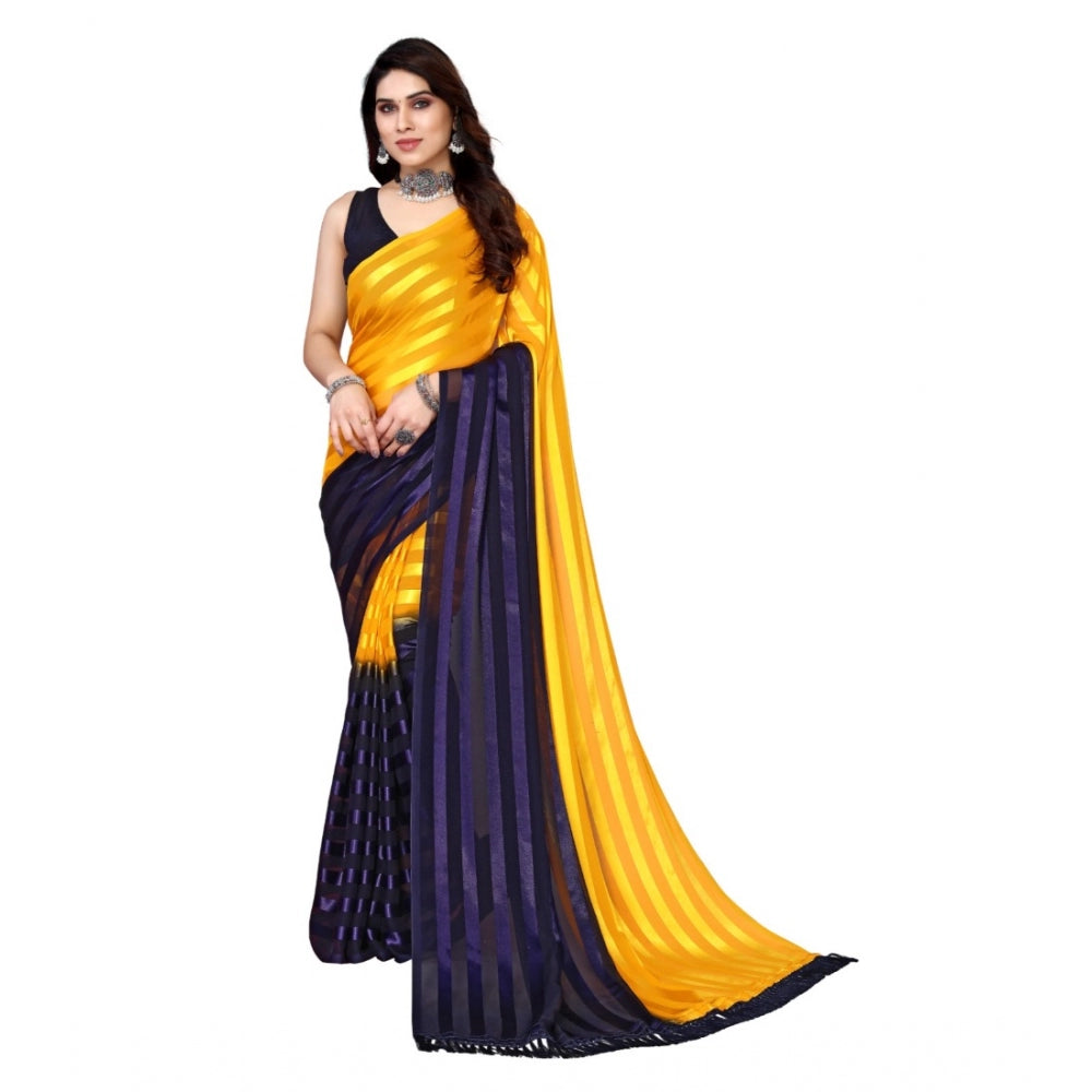 Generic Women's Embellished Striped Bollywood Satin Saree With Blouse (Yellow, Dark Blue)