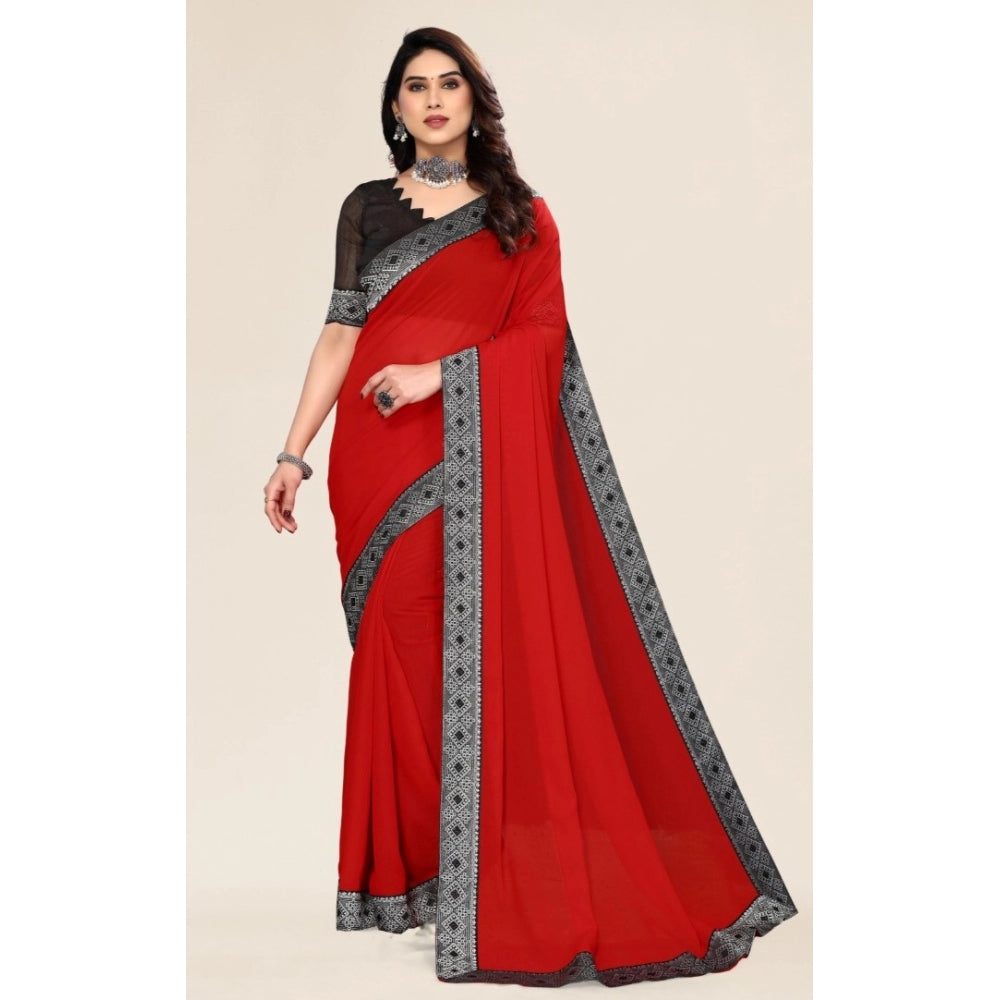 Generic Women's Embellished Plain Solid Bollywood Chiffon Saree With Blouse (Red)