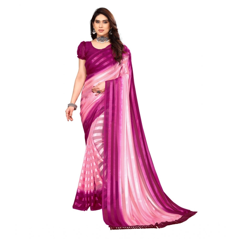 Generic Women's Embellished Striped Bollywood Satin Saree With Blouse (Pink, Purple)