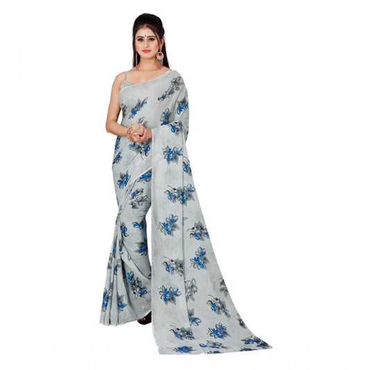 Generic Women's Poly Georgette Printed Saree Without Blouse (Cream)